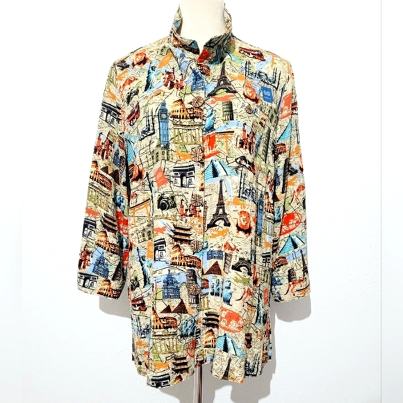 John Mark Women’s Travel Print Button Front Shirt Top Tunic SZ Medium 3/4 Sleeve - Picture 1 of 13